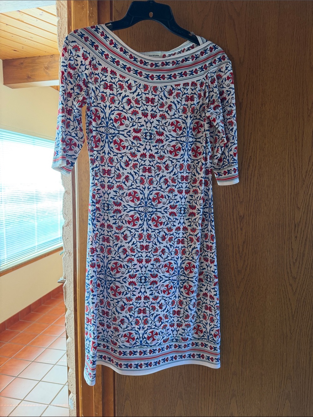 Max Studio White Midi Dress with Red and Blue Tile-Print